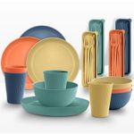 Macaron 4 colors 28-piece set wheat straw plate bowl cup k-n-ife fork spoon chopsticks outdoor tableware set