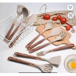 11 Piece Silicone Wood Grain Handle Non-stick Cooking Utensils Set With Storage Bucket