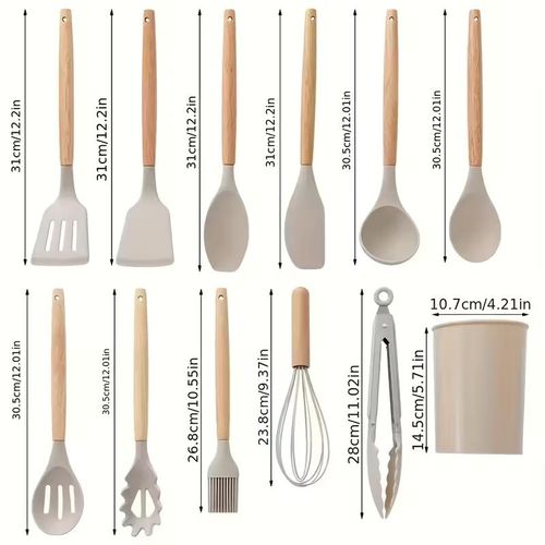 12Pcs Silicone Cooking Utensils Set – Non-Stick, Heat Resistant, Wooden Handle -Khaki