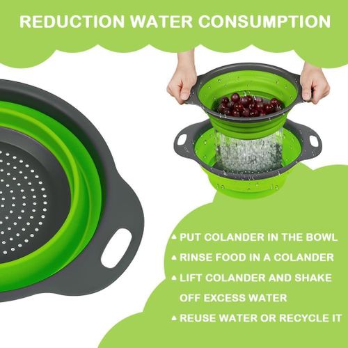 2 Pack Collapsible Colander Set, Round Silicone Folding Collapsible Strainers with Plastic Handles, Eco-Friendly Food Strainer for Kitchen Draining Pasta Vegetables Fruits-1 Large and 1 Small