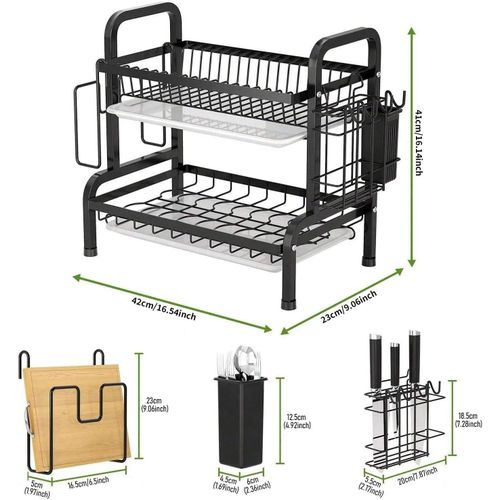 CYFAZA 2 Tier Dish Rack for Kitchen Counter, Dish Drying Rack with Draining Tray, Plate Rack &amp; Dish Drainer, Utensil Holder and Cutting Board Holder