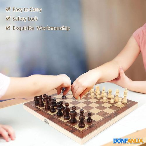 DONFANLIA Chess Game, 3-in-1 Wooden Chess Game, Foldable Travel Chess Game for Children, Portable Chess Games Chess Set for Family Party Travel - 24 x 24 cm