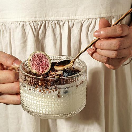4pcs Clear Embossed Glass Coffee Cup with Lid and Spoon