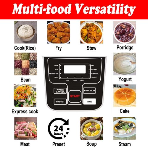 Multifunctional rice cooker, 11 preset cooking options, 5 liters water capacity, up to 12 cups of rice, with non stick inner pot, 24-hour delay timer and automatic keep warm function, with BS plug