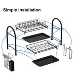 Double-Tier Dish Drainer, Kitchen Dish Storage Rack with Drain Tray - Black