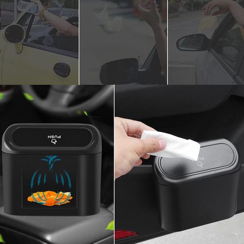 Flushrenic 2-piece mini car trash can with lid, small trash can, leak proof ABS trash can, car interior accessories, household trash can, suitable for cars and offices, with 30 garbage bags