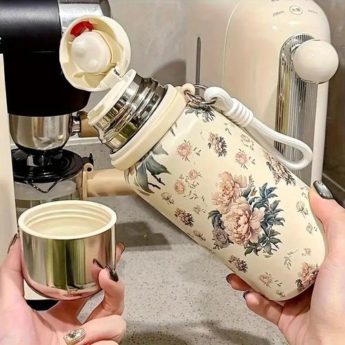 600ML Peony Flower Water Bottle, Leak-proof and Drop-proof Thermos Cup with Carrying Rope, Made of BPA-Free 316 Stainless Steel, Can Keep Drinks Hot or Cold for a Long Time