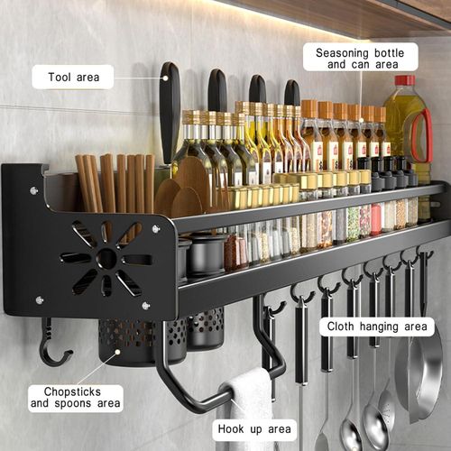 60cm wall-mounted spice rack, no drilling required, with 10 hooks for hanging on the wall, suitable for storing 2 cups of spices - Black