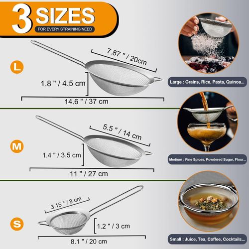 "3Pcs Stainless Steel Mesh Strainer Set - Small/Medium/Large Kitchen Sieve for Baking, Juice, Flour"