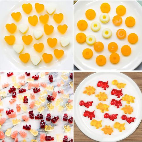 Silicone Bear Candy Molds with 2 Droppers, Non-Stick, Includes Mini Dinosaur, Bear, Hearts and Mini Donut, Set of 4