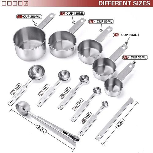 12pcs Measuring Cups and Spoons Set, Stainless Steel Measuring Tools with Clip Spoon, Accurate Kitchen Measuring Set for Baking and Cooking