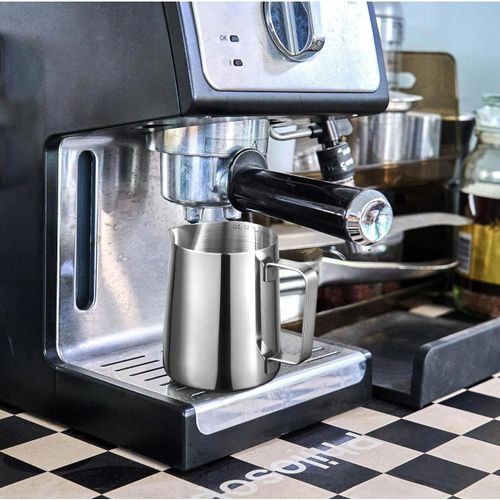 Milk Frothing Pitcher 20oz – Stainless Steel Milk Jug with Scale, 600ml Steaming Pitcher for Espresso, Cappuccino, Latte Art, Barista Training &amp; Home Coffee Makers (Stainless Steel Finish, 600ml)