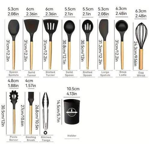 12 PCS Kitchen Cooking Utensils Set, Non Stick Silicone Utensil Set 446°F Heat Resistant, Wooden Handle Silicone Cookware Set