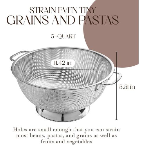 Colander for Kitchen – 5L Stainless Steel Strainer with Handle - Pasta Strainer Bowl for Pasta, Spaghetti, Vegetables, Fruit, and Pot Draining - Stainless Steel Colander