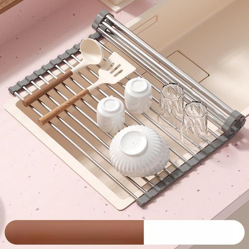 Foldable Kitchen Sink Drainage Storage Rack, Stainless Steel Storage Roll-Up Mat, Silicone Dish Rack for Sink (for Dishes and Chopsticks)