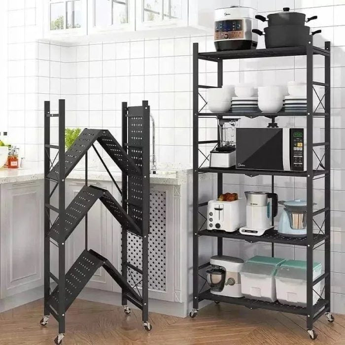 5-Tier Foldable Heavy-Duty Metal Storage Rack with Wheels