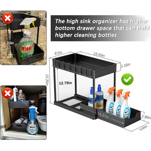 Under Sink Organizers and Storage, 2-Tier Sliding Cabinet Basket Organizer with Hooks, Multi-Purpose Under Sink Organizers and Storage for Bathroom Kitchen