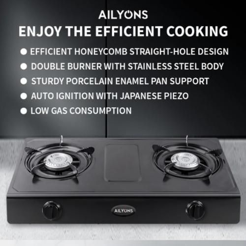 AILYONS GS017-1 Stainless Steel Double Burner Gas Cooker Table Top Gas Stove - Black (1YR WRTY)