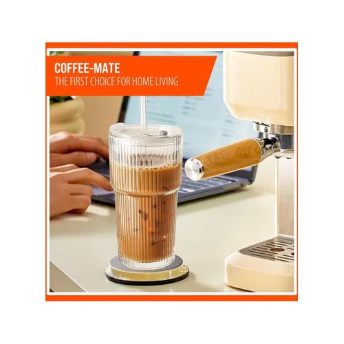 Flushrenic 20oz Coffee Cup,Ribbed Glass Tumblers with Lids &amp; Straws, for Ideal for Iced Coffee, Cappuccino And Tea - Includes Cleaning Brush
