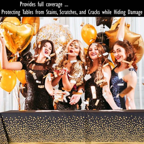 Premium Black and Gold Plastic Tablecloths – Thick, Durable, Reusable Table Covers (54 x 108 in) – Disposable Party Tablecloths for Birthday, Graduation, Holiday and Event Decorations