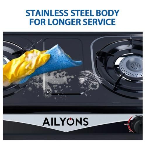 AILYONS GS013-3 Stainless Steel Double Burner Gas Cooker Table Top Gas Stove - Black (1YR WRTY)