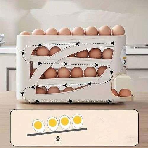 Three-layer rolling refrigerator egg storage box - holds 24 eggs, space-saving side door design, durable plastic material, large capacity kitchen and refrigerator storage, smooth glossy finish, convenient handle