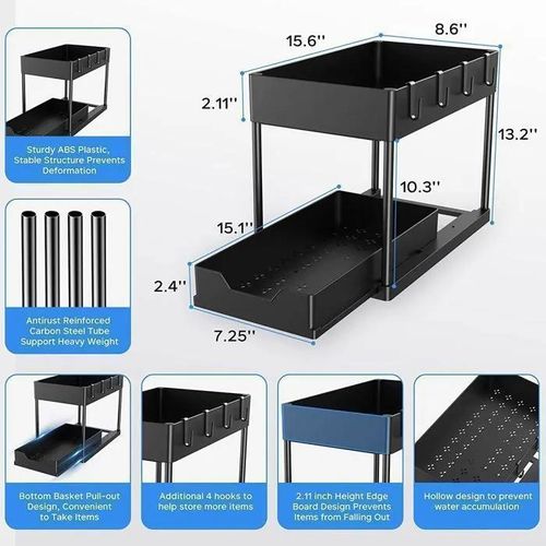 2-layer storage under sink, sliding drawer, multifunctional organizer for kitchen and bathroom sink