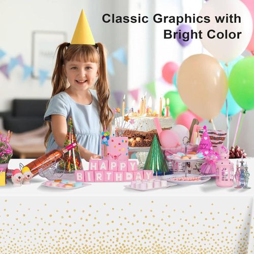 White and Gold Dot Tablecloth, White Plastic Table Cloths for Parties Disposable, 54x108in Waterproof Rectangular Camping Tablecloth for Birthday Party Picnic Baby Shower
