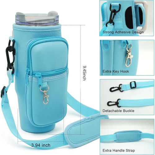 Flushrenic Water Bottle Carrier Bag,Water Bottle Carrier Bag,for Stanley 42oz Tumbler with Phone Pocket,Holder Pouch with Adjustable Strap for Hiking Travelling Camping(Light Blue)