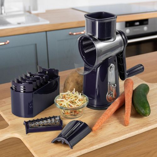 TodyJeyHo 5-in-1 Rotary Cheese Grater with Handle – Stainless Steel Blades, Vegetable Slicer &amp; Shredder, Nut Grinder, Carrot &amp; Cabbage Grater, Easy-to-Clean Kitchen Tool (Purple)