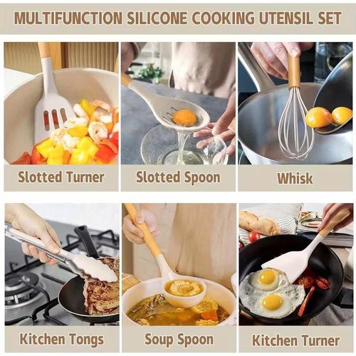 12Pcs Silicone Cooking Utensils Set – Non-Stick, Heat Resistant, Wooden Handle -Khaki