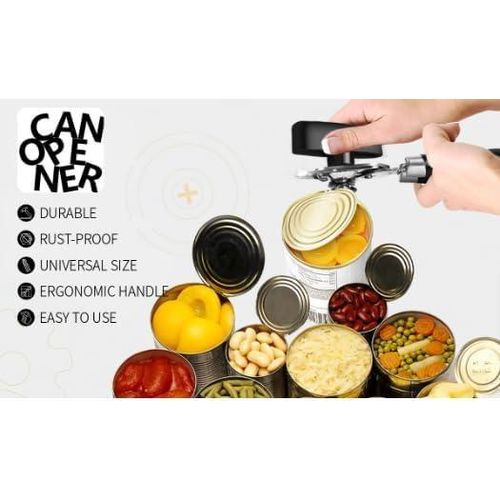 Manual Can Opener, Ergonomic Heavy Duty Design with Built-in Bottle Opener, Anti-Slip Handles, Smooth Edge Stainless Steel Cutter, Black