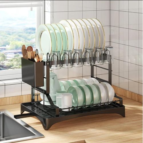 2 tier stainless steel black dish drying rack