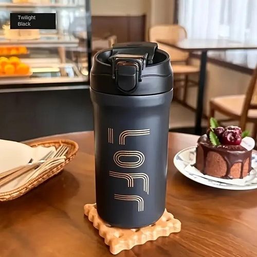 600ml 316 Stainless Steel Double Spout Insulated Coffee Mug - Drink/Straw Dual-Use Design, Leak-Proof and Stain-Proof - Black