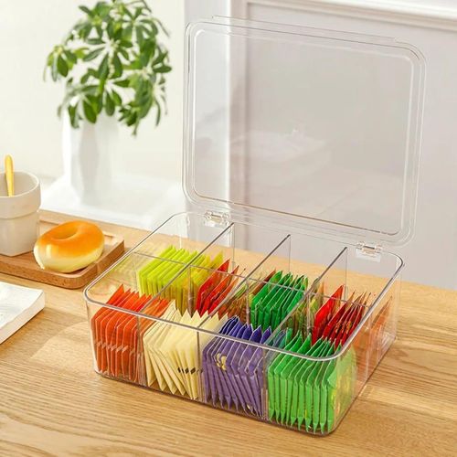 Tea Storage Boxes,Stackable Tea Bag Organizer with 8 Compartment,Clear Tea Bag Holder,Divided Storage Bin Box Container,for Tea Coffee Spices Kitchen Cupboards and Work Surfaces