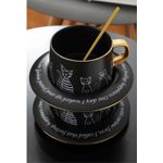 Luxury Artist Design Cat Cup and Plate Set with Spoon - Black
