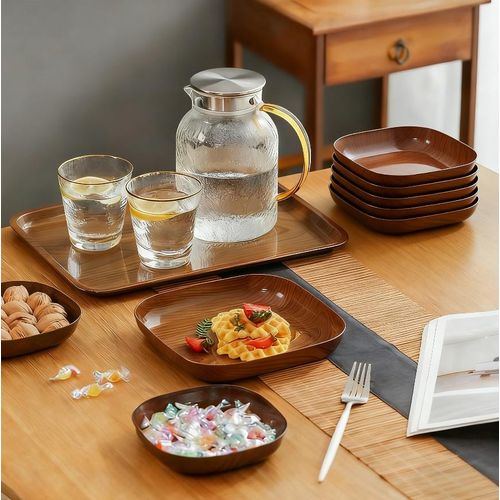 A set of 10 - wood grain trays, fruit plates, dinner plates-Walnut wood color