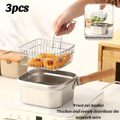 Set of 3 Stainless Steel Deep Fryers, Featuring a Japanese Square Pot Suitable for Milk, Noodles, And Tempura, with a Large Capacity, Designed for Home Stovetops And Portable for Outdoor Cooking