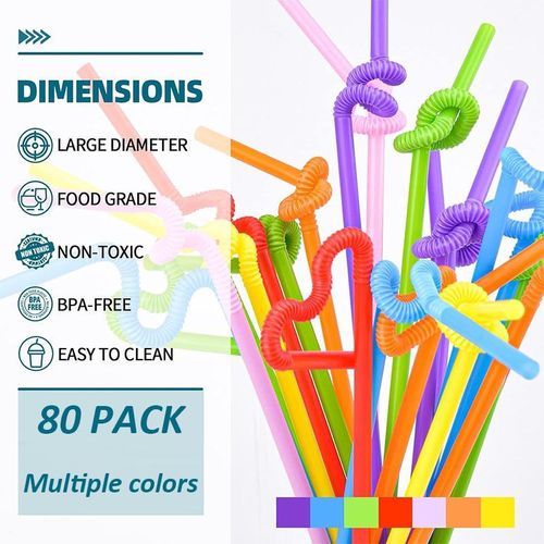 80 Pack Colorful Straws, Plastic Disposable Bendy Straws Extra Long Straws