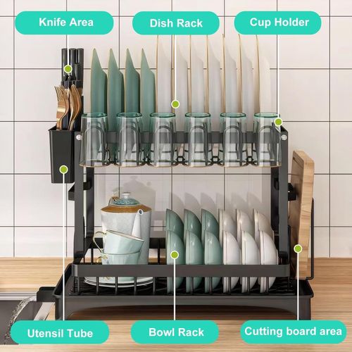 Kitchen countertop utensil drying rack, double-layer stainless steel drain with drainage board and utensil rack, used for large capacity storage of bowls/cups/bottles