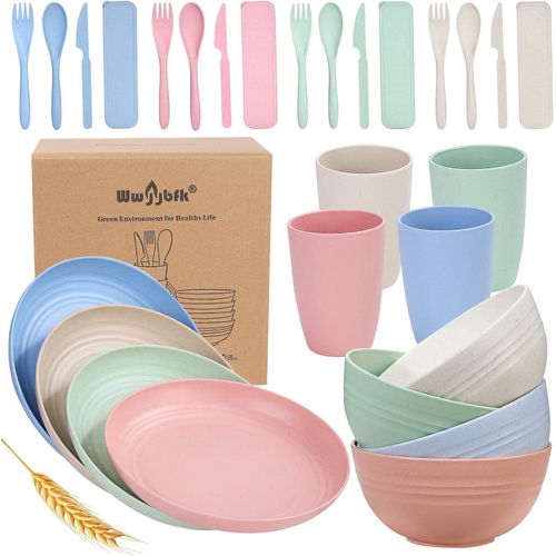 Nordic 4-color 28-piece set wheat straw plate bowl cup k-n-ife fork spoon chopsticks outdoor bowl and dish tableware set