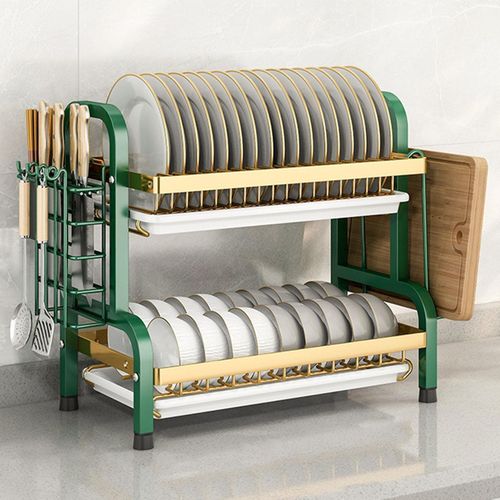 2 Tier Dish Drainer, Dish Drainer with Drain Board, Kitchen Cutlery Storage Rack - Green