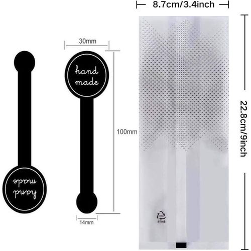 100pcs Translucent Plastic Bags, BetterJonny Cellophane Bags with 100Pcs Hand Made Stickers for Cookie, Cake, Chocolate, Candy, Bakery Party Supplies