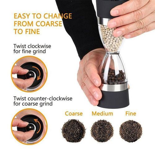 2-in-1 Dual Chamber Pepper Grinder – Black &amp; Silver, Adjustable Coarseness