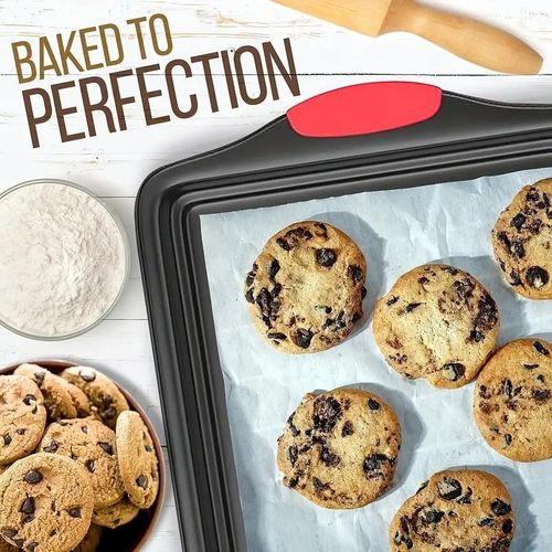 3-Piece Carbon Stainless Steel Non-Stick Oven Baking Pan with Red Silicone Handles