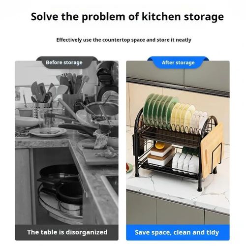 Double-Tier Dish Drainer, Kitchen Dish Storage Rack with Drain Tray - Black