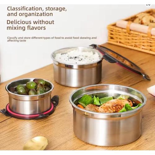 Three-piece stainless steel food storage container set, refrigerator airtight container, lunch box (300ml + 600ml + 1000ml)