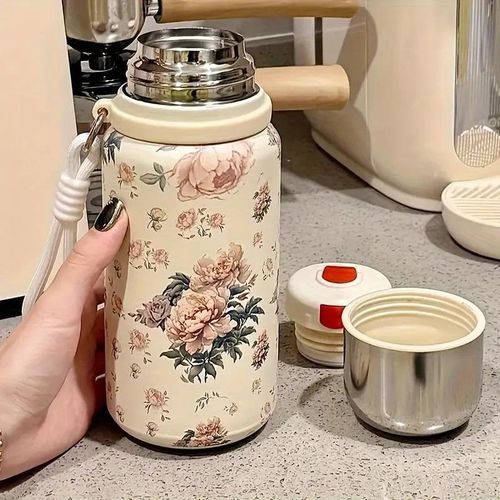 600ML Peony Flower Water Bottle, Leak-proof and Drop-proof Thermos Cup with Carrying Rope, Made of BPA-Free 316 Stainless Steel, Can Keep Drinks Hot or Cold for a Long Time