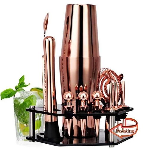 TodyJeyHo Set of 14 pieces for drinks, stainless steel, pink gold cocktail shaker, black rotating acrylic holder, pink gold