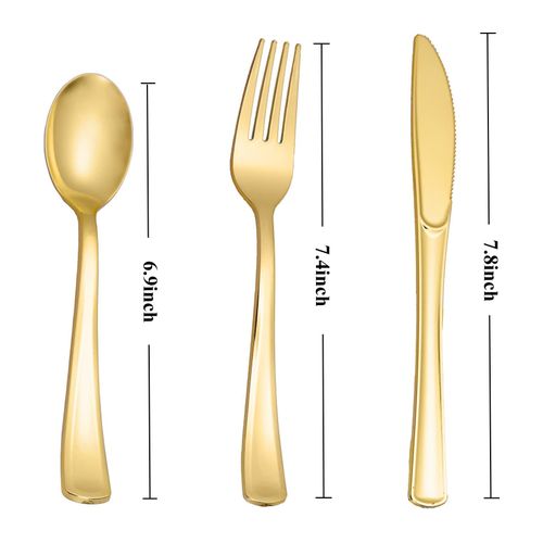 Flushrenic disposable cutlery,60 piece set of gold plastic silverware disposable tableware -20 forks, knives, spoons - disposable tableware heavy-duty plastic tableware set, suitable for catering, parties, dinners, weddings